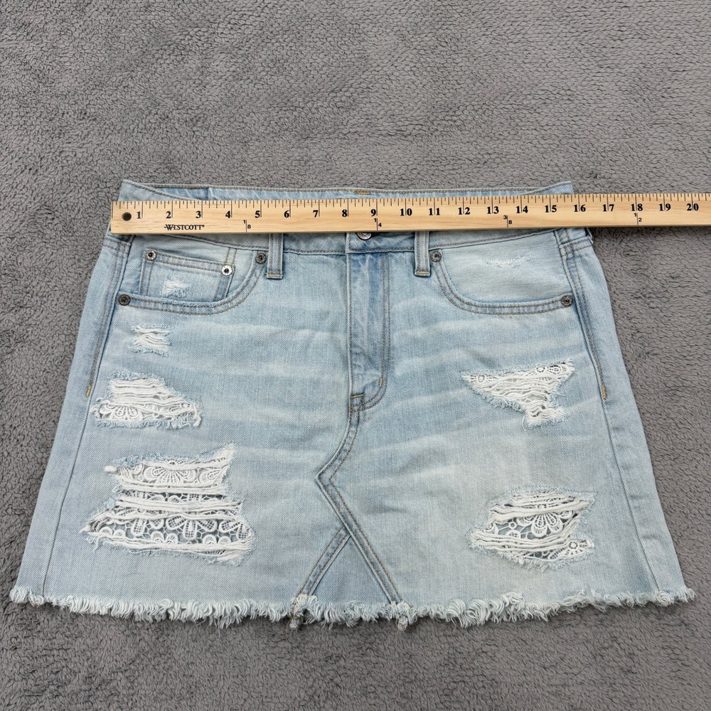 American Eagle Denim Mini Skirt Womens 8 Blue Distressed Lace Inset Frayed Hem - Picture 7 of 10